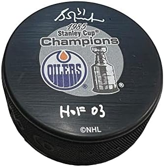 Grant Fuhr assinou 1985 Stanley Cup Champions Edmonton Oilers Puck - HOF 03 - Pucks de NHL autografados