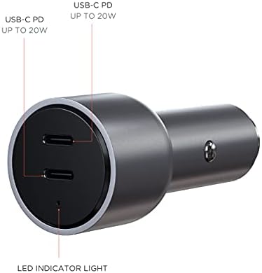 Satechi 40W Dual USB-C PD Car Charger-20W + 20W Power Delivery-Compatível com 2021 iPad Pro M1, 2020 iPad Air, iPhone