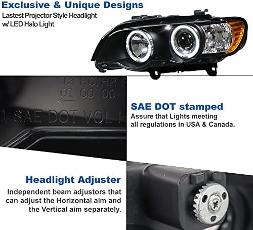 ZMAUTOPTS LED HALO Projector Faróis Folicatos Black w/6 DRL branco compatível com 2000-2003 BMW X5 E53