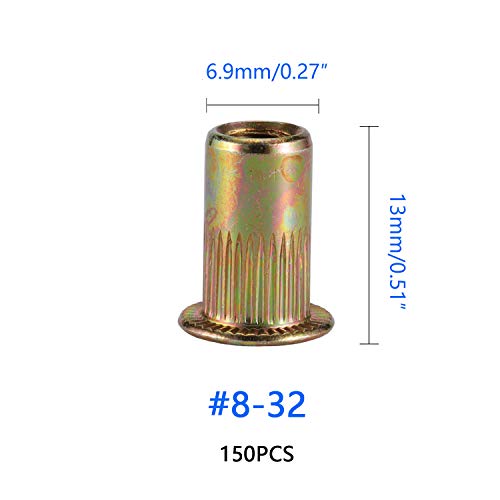 Fixadores de porcas de rebite ， 150pcs 8-32unc Bajado de zinco de aço de carbono de cabeça plana da cabeça de binchas de inserção