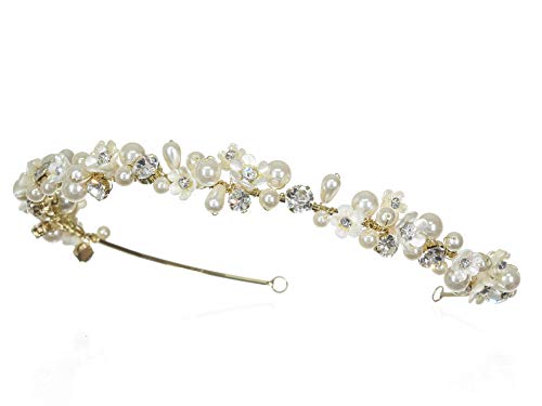 Samky Faux Pearl Flower Crystal Band Band Bridal Wedding Tiara - Gold Plating T1209