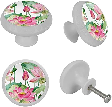 Tbouobt 4 maçanetas de gaveta, botões de gabinete de vidro Pull Pulls, Lotus Flor Pink Floral Vintage