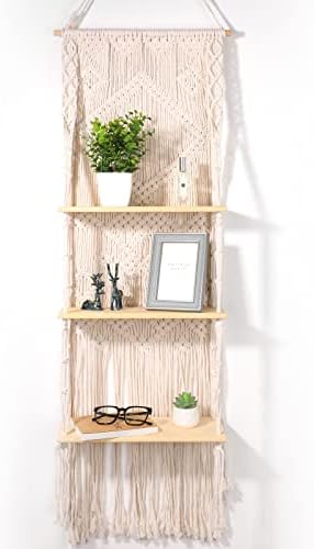 Xbelmber Macrame Pasta de pendura de parede para decoração, prateleira de banheiro boho - decoração boêmia para quarto, sala de estar - prateleira pendurada na parede de 3 camadas para plantas pequenas, decoração de casa de boho grande e eclética