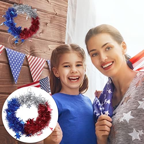 ABOOFAN 4 de julho Wrinalh Wreath Glitter Glitter Tinsel Estrela branca e azul Wreatch Patriótico Sign Memorial Day Day
