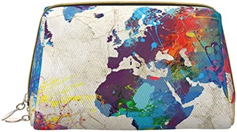 VuCemi Abstract World Mapa Mapão Impresso Bolsa Cosmética, Bolsa Cosmética de Zíper portátil de couro, Bolsa de