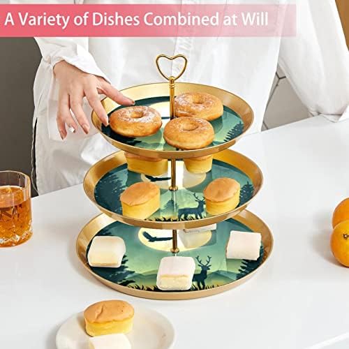 3 Placa de fruta de cupcake de 3 camadas de sobremesa Plástico para servir suporte de exibição para casamento de aniversário Decorações de chá de chá de chá de bebê redondo, noite SECENE Wildlife
