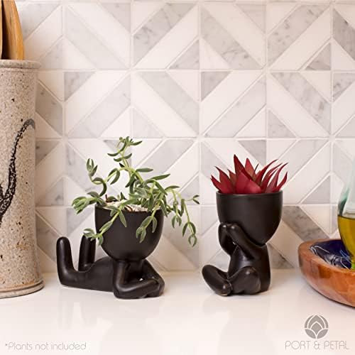Mini vasos decorativos para plantas - plantadores suculentos de cerâmica em forma de humano - Conjunto de 3 vasos de flores com drenagem - pequenos vasos de flores suculentos para desktop, decoração doméstica, escritório, cafés - preto