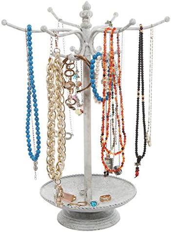 Suporte de joalheria de metal branco mygift®, rack de organizador de pulseira de colar com 12 ganchos e bandeja de prato