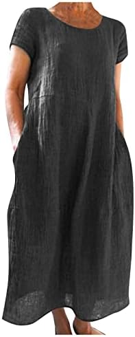 Verão feminina de verão casual de cor curta de manga curta costura de bolso solto vestido de linho de algodão solto
