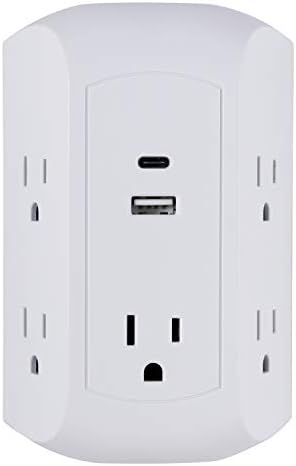 GE UltraPro 5-Outlet Extender com porta USB e USB-C, 2 pacote, protetor de surtos, torneira de parede espaçada, acesso lateral,