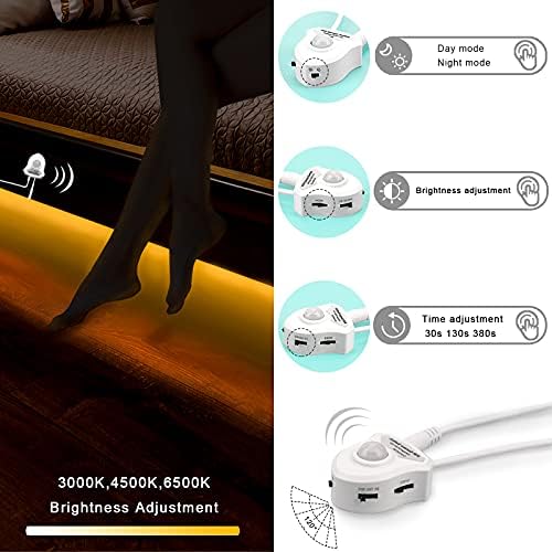 Luzes de tira LED do sensor de movimento, 9,84 pés sob a cama Sensor de movimento leve quente Branco para a luz fria do dia ajustável