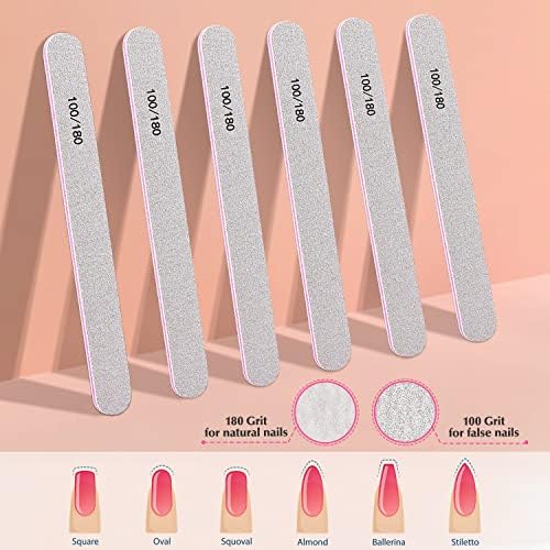 Arquivos de unhas e buffers, Morgles Professional Manicure Tools 6pcs Blocos de tampão para unhas retangulares 6pcs 100/180 Arquivo de unhas de grão 2pcs pincel para unhas de acrílico natural, branco