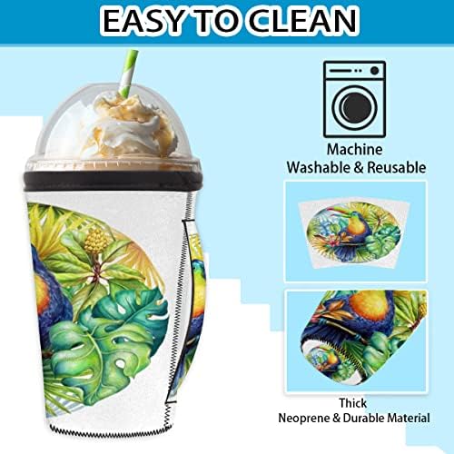 Folhas tropicais Toucan reutiliza a manga de café gelada com manga de xícara de neoprene para refrigerante, café com leite, chá,