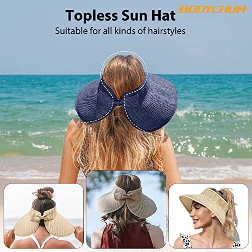 Chapéus de sol para mulheres, chapéus de palha larga de palha de palha de topless rolando chapéu de praia ajustável para férias de viagem na praia
