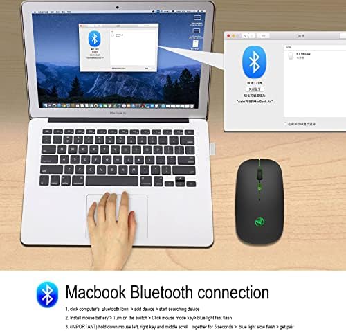 AtraSee Wireless Mouse Modo Dual Bluetooth 5.1 e USB 2.4GHz - 3 DPI ajustável, 7 RGB Colors LED, Mouse recarregável para PC para laptop Windows Mac OS Android, preto