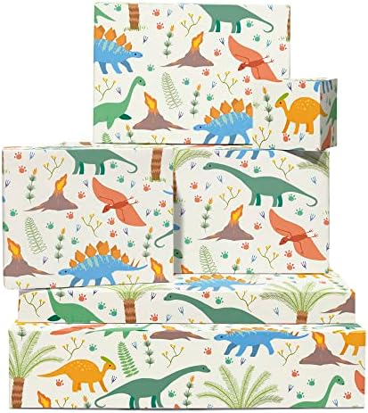 Papel de embrulho de dinossauro Central 23 - 6 folhas de embrulho e tags de presentes - Papel de embrulho de aniversário de meninos