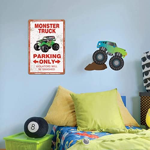 Monster Truck Parking Somente Sign Sign Room Decoração Acessórios para o quarto Decorações de festa de aniversário 12 x 8 polegadas