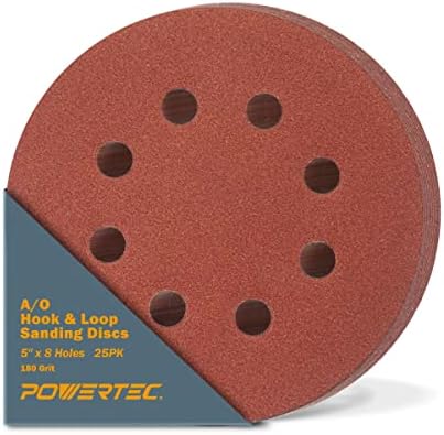 Powertec 45018 5 polegadas 8 hole e lixamento de lixamento, 180 grão, 25 pk, lixa para sanders orbitais aleatórios