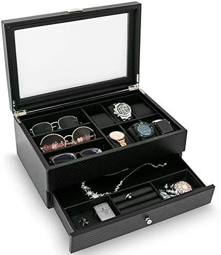Organizador da caixa de relógios Hauterow para a caixa de jóias masculina, o organizador de óculos de sol da caixa de vegetais organizador de jóias da bandeja de manobra de vegetais retenha 6 relógios 3 óculos de sol