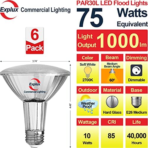 Lâmpada de inundação de PAR30 de LED de nível comercial de exploração, 75W equivalente, 40000 horas, diminuição, vidro integral à prova d'água e antienvelhecimento, branco macio 2700k, 6-pack