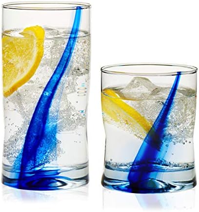 Libbey Blue Ribbon Impressions Tumbler de 16 peças Conjunto de vidro e vidro e óculos de margarita sem haste de fita azul,