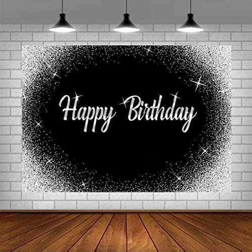 Feliz Aniversário Cenário Glitter Silver Dots e Black Photography Background 5x3ft Birthday Party Decorations Banner para qualquer idade Homens Mulheres