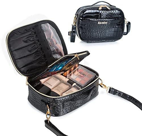 Kemier Small Travel Makeup Bag: Black fofo Make Up Women Organizer for Purse With Brush Pouch - Portable Leather Hanketnes