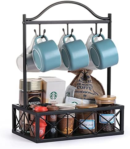 Suporte de caneca de café Abatia, bancada de cafeteira de caça, cesta de café com cesta de frutas, ganchos de caneca de armazenamento em casa, preto