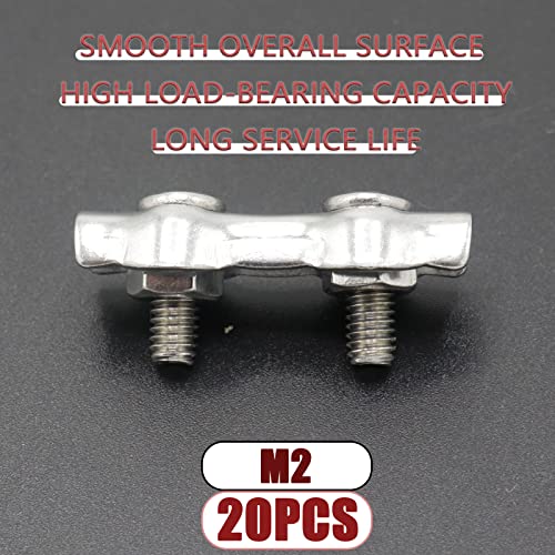 Joyangy 20pcs M2 Aço inoxidável duplex corda de cabo de clipe de cabo, braçadeiras de cabo de parafuso duplo, clipe de corda de arame de 2 postos para cabo de fio de 1/16 polegada de diâmetro
