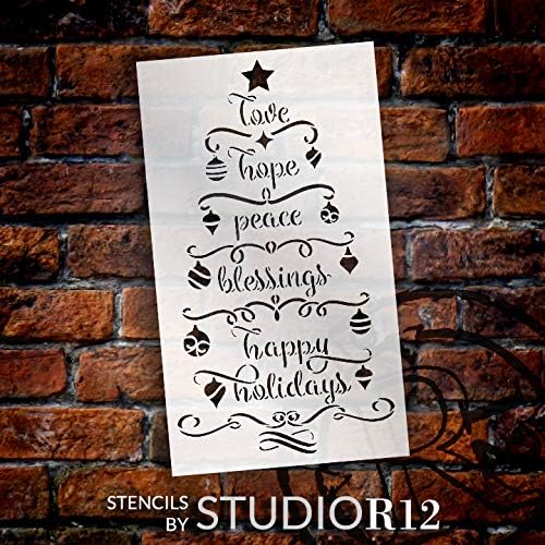 Estêncil de arte da palavra de árvore de Natal por Studior12 | DIY Happy Holiday Home Decor | Craft & Paint Wood Sign | Modelo Mylar reutilizável | Amor esperança Paz presente de bênção | Selecione o tamanho