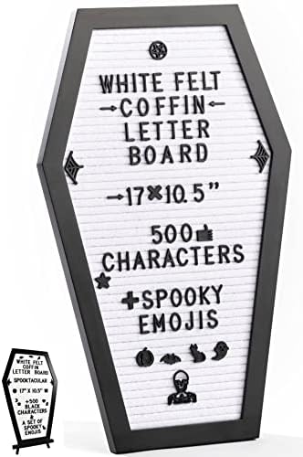 NOMNU Coffin Letter Board White - com +500 caracteres, emojis assustadores e suporte de madeira - 17x10,5 polegadas - Decoração gótica Decorações de Halloween Spooky Gifts Decorações de Halloween