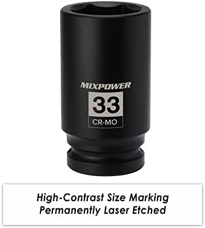 MixPower 10 peças 3/4 de polegada Drive Deep Impact Socket- 33mm, métrica, Cr-Mo, 3/4 DR.