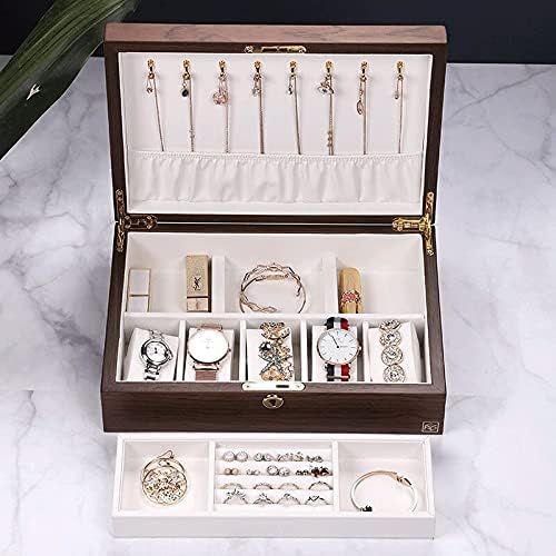 Caixa de jóias de jóias Organizador de caixas de joias para mulheres meninas, 2 camadas de armazenamento de jóias grandes, organizador de jóias para brincos de colar anéis de pulseiras, Walnut Wood Color Small Jewelry Box Box Box
