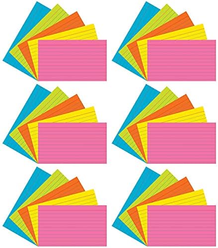 Cartões de índice Pacon®, 5 cores super brilhantes, 0,25 governadas, 3 x 5 , 75 cartões por pacote, 6 pacotes