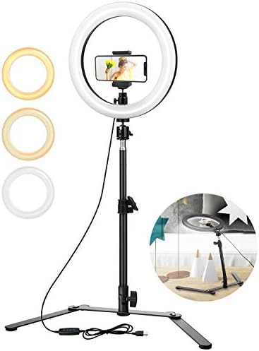 Luz de anel selfie com tripé e suporte para celular, 10 de 10 de mesa de maquiagem de mesa, com 3 modos de luz 10 níveis, zoom anel