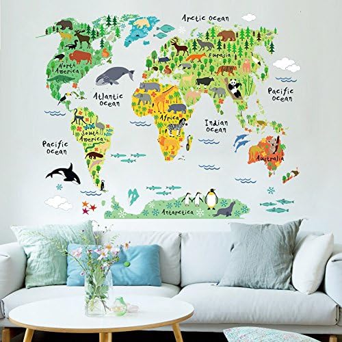 Adesivo de parede do mapa do mundo animal, adesivo de casca e adesivos de parede de loveqmall Removável para crianças