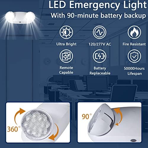 Luz de emergência de LED com bateria de backup, luz de emergência comercial, duas luminárias de emergência de cabeça de luz LED