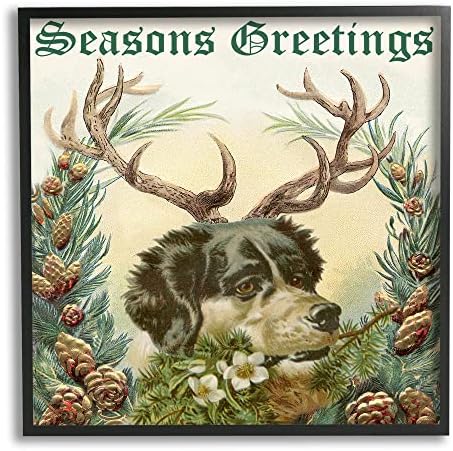 Stuell Industries Seasons Saudações Cão vestindo Antlers Botânica Fronteira emoldurada Arte da parede, Design de Alicia Longley