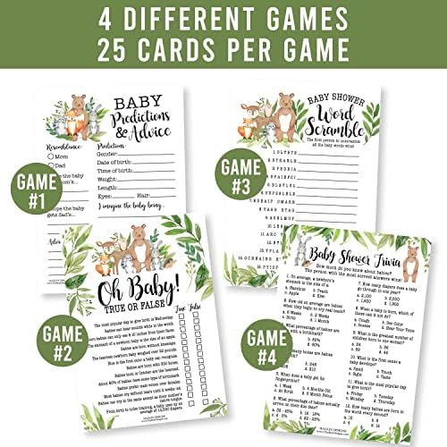 50 jogos de chá de bebê da floresta neutro de gênero - 4 jogos de dupla face, previsão de bebês e cartões de conselho,