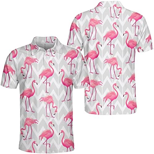 Camisas pólo cinza de flamingo rosa engraçadas para homens, camisas pólo para homens, camisas de golfe masculinas pólo de manga