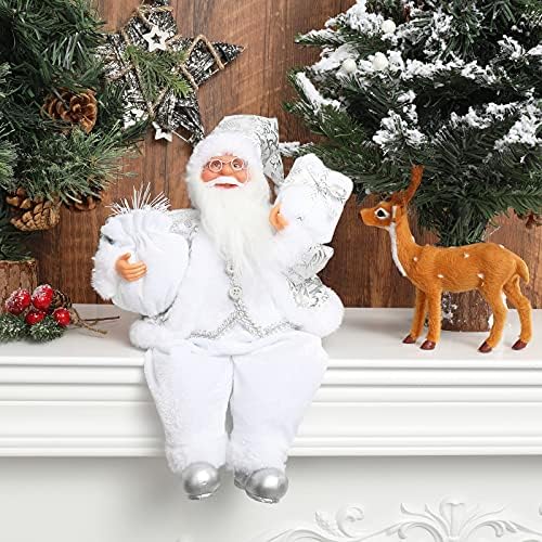 AnyDesign Christmas Sitting Papai Noel Crafado Branco Casaco Prata Papai Noel Figurines Doll com Bolsa de Presente e Apresenta