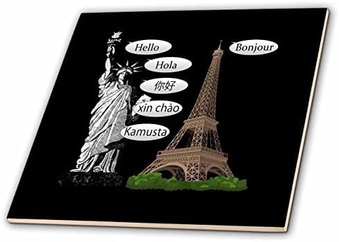 Estátua 3drose de Liberty e Eiffel Tower Hello em vários idiomas. - Azulejos