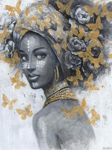 Pintura de diamante afro -americano para adultos por número, 5d diamante diamante pintando arte preta africana com bandeira indiana e brincos dourados borboleta para telas presentes de natal 30 x 40 cm