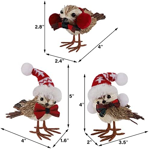 Conjunto Sancodee de 3 pássaros de Natal Tabelas decorações, estatuetas de pássaros de galhos de Natal com chapéu macio, ornamentos de Natal de pássaro vermelho decoração de mesa para lareira de cozinha Mante férias em casa