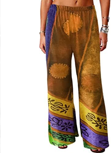 Calças de verão vintage para mulheres, com as pernas largas de pernas largas, calça palazzo étnico cintura elástica em Índia solta
