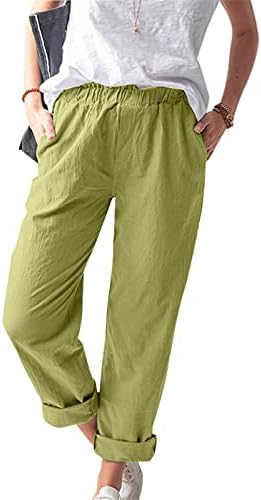 Calças de linho de algodão casual beuu para mulheres calças sólidas calças elásticas da cintura larga pernas largas de pernas com bolso
