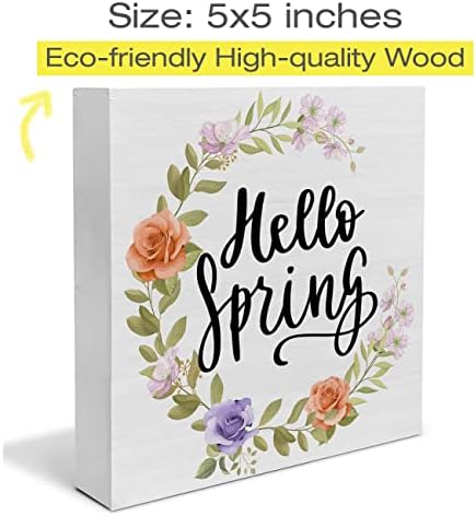Flores Hello Spring Caixa de madeira SIGN Farmhouse Spring Wood Box Blocks de arte Desk, sinal de mesa rústico para