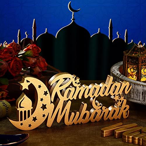 2 peças Ramadã Mubarak Wood Sign Eid Mubarak Decoração de mesa de madeira Ramadã letra de madeira SIGN Lua Estrela Islâmica Decoração Mesquita Placa de mesa de mesa para Ramadã Eid Mubarak Decoração em casa