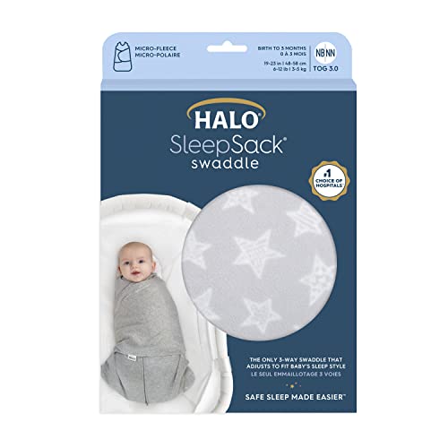 Halo Micro-Fleece Sleepsack Swaddle, cobertor vestível ajustável de 3 vias, TOG 3.0, estrelas cinzentas, pequenas, 3-6 meses