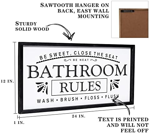 Grandes regras de banheiro sinal de madeira para decoração do banheiro, arte da parede da fazenda moderna, madeira preta antiga